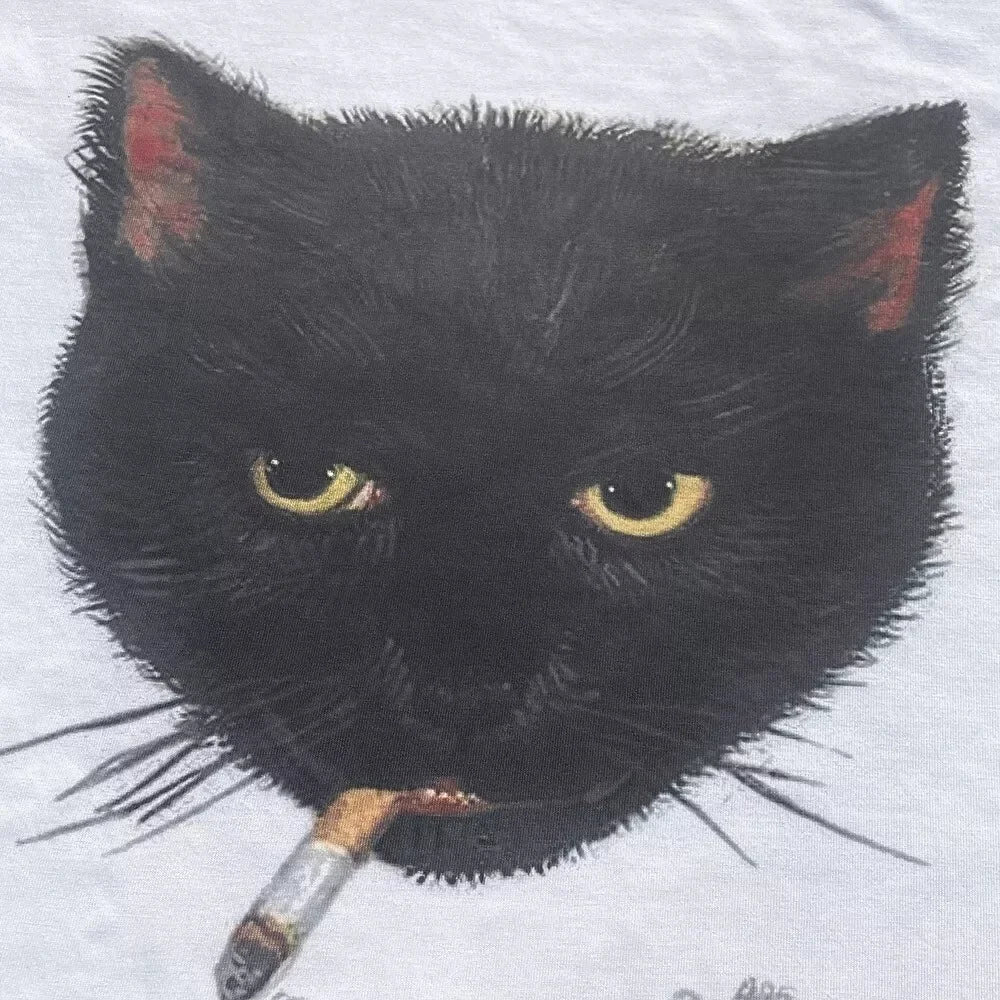 Y2k Smocking Cat Graphic Print Punk 90s Grunge Retro Rock Hip-hop Vintage Style White Crop Top Tee E-girl Sexy Emo T-shirt