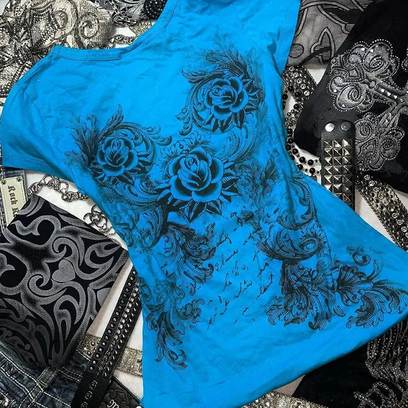Women's Y2k Grunge T-Shirts 2000s Vinage Rhinestone Print Heart Rose T-Shirt Aesthetics Harajuku Round Neck Tops street fashion