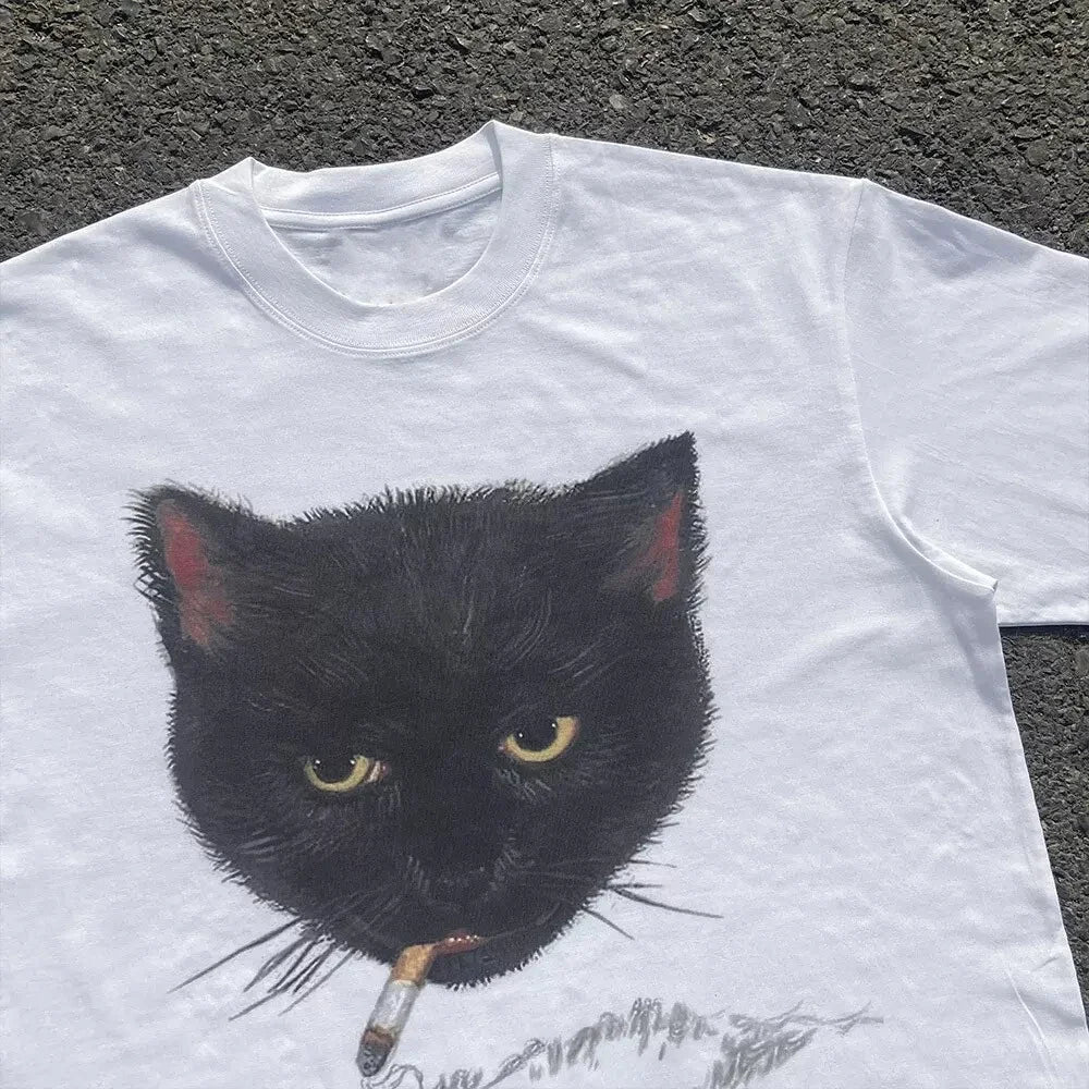 Y2k Smocking Cat Graphic Print Punk 90s Grunge Retro Rock Hip-hop Vintage Style White Crop Top Tee E-girl Sexy Emo T-shirt
