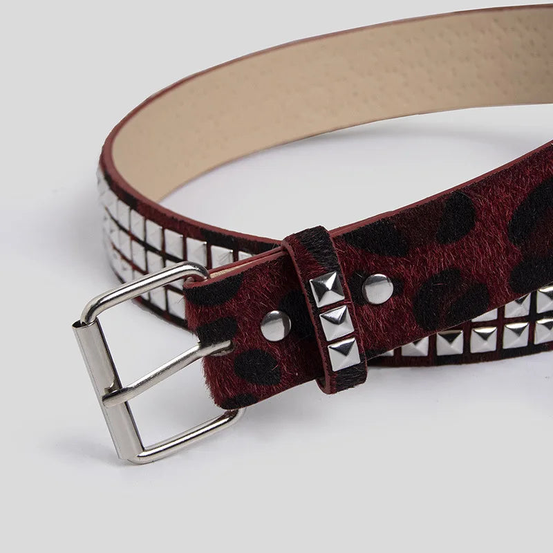 New best-selling women's belt - Fashionable horsehair studded Y2K leopard print belt, youthful furry women's belt.