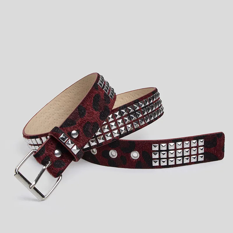 New best-selling women's belt - Fashionable horsehair studded Y2K leopard print belt, youthful furry women's belt.