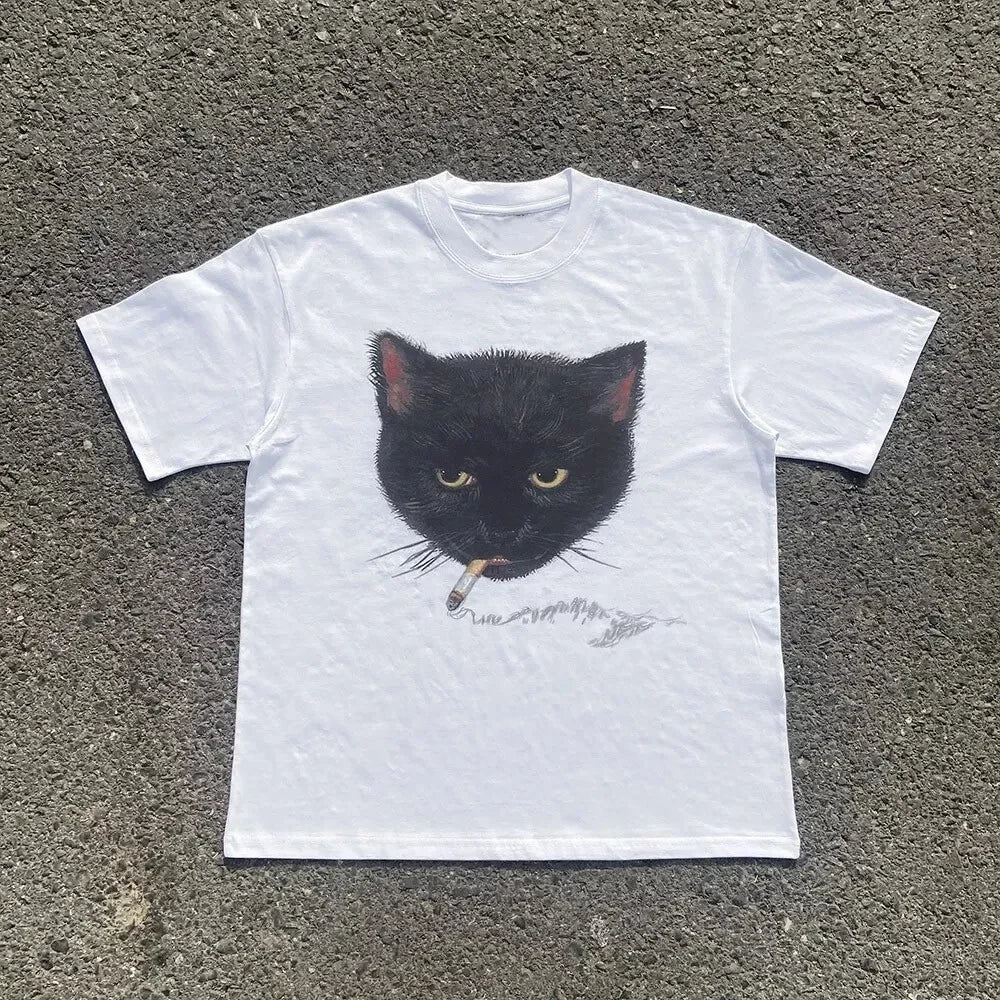 Y2k Smocking Cat Graphic Print Punk 90s Grunge Retro Rock Hip-hop Vintage Style White Crop Top Tee E-girl Sexy Emo T-shirt