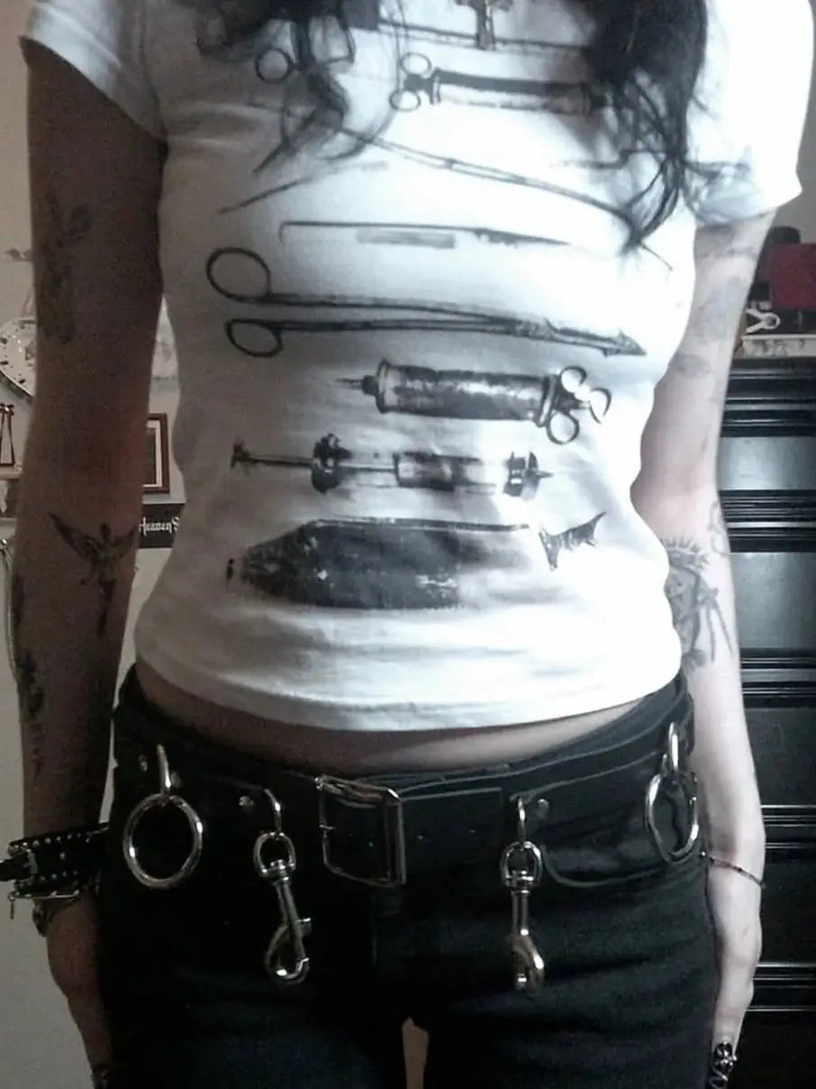 Harajuku Punk Goth Sexy Crop Tops Women's Summer 90s Grunge Graphic Punk Print Top Fashion Slim Tops Vintage Baby Tees Emo Girl