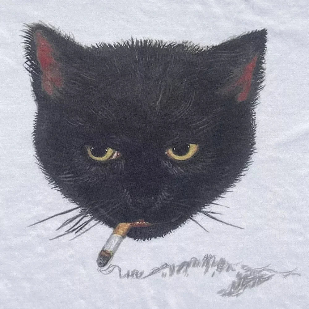 Y2k Smocking Cat Graphic Print Punk 90s Grunge Retro Rock Hip-hop Vintage Style White Crop Top Tee E-girl Sexy Emo T-shirt
