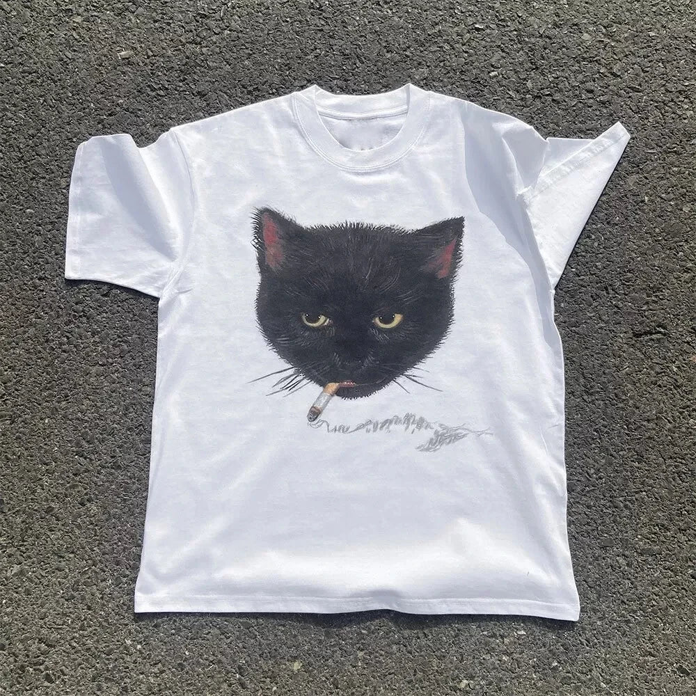 Y2k Smocking Cat Graphic Print Punk 90s Grunge Retro Rock Hip-hop Vintage Style White Crop Top Tee E-girl Sexy Emo T-shirt